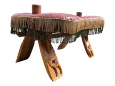 1970S HARDWOOD & RED LEATHER CAMEL STOOL