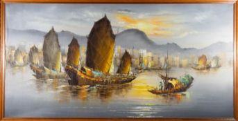 UNKNOWN CONTEMPORARY - UNTITLED CHINESE JUNK BOATS OIL PAINTING