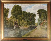 ROGER HEARN - HARLOW MILL LOCK, RIVER STORT, 1993 - OIL ON CANVAS PAINTING