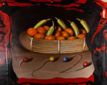 FELIX MUYO (SPANISH, B. 1948) - BALLS OF FIRE, 2004 - MIXED MEDIA STILL LIFE PAINTING