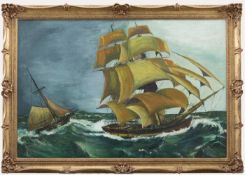 JOHN S. SMITH (BRITISH, 20TH CENTURY) - BRIGANTINE AT SEA OIL ON CANVAS PAINTING