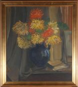 UNKNOWN 20TH CENTURY - DALIAH IN BLUE VASE, 1951 - STILL LIFE OIL PAINTING