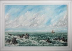 RAYMOND PRICE (20TH CENTURY) - UNTITLED SEASCAPE OIL ON CANVAS PAINTING