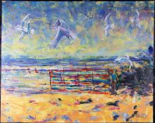 PATER WOOD (CONTEMPORARY) - SEASIDE BEACH VIEW OIL ON CANVAS PAINTING