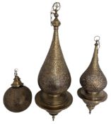 THREE MOROCCAN ORIENTAL BRASS PIERCED PENDANT LIGHT LANTERNS