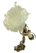 ART NOUVEAU GILT METAL & YELLOW VASELINE GLASS FLOWER GIMBAL WALL SCONCE
