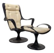 BRITISH MODERN DESIGN - 1970S SWIVEL LEATHER ARMCHAIR & OTTOMAN FOOTSTOOL