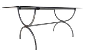 RETRO MID CENTURY CIRCA 1970S SMOKED GLASS & CHROME DINING TABLE