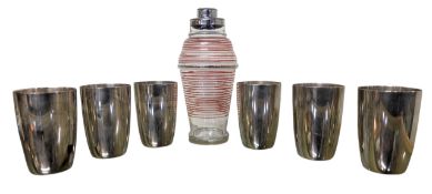MID CENTURY ART DECO GLASS & CHROME COCKTAIL SHAKER / POURER WITH SET OF SIX TUMBLERS