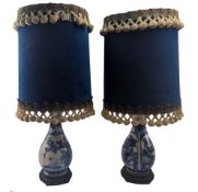 PAIR OF 20TH CENTURY CHINESE BLUE & WHITE CERAMIC TABLE LAMPS WITH DRUM SHADES