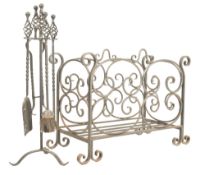 LATE 20TH CENTURY WROUGHT IRON LOG BASKET AND COMPANION SET