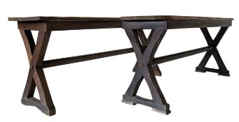 MATCHING PAIR OF OAK X-FRAME TAVERN TABLES