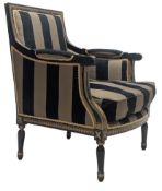 FRENCH LOUIS XVI STYLE EBONISED & UPHOLSTERED BERGERE ARMCHAIR