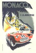 MONACO GRAND PRIX JUNE 1952 LITHOGRAPHIC POSTER AFTER B. MINNIE ORIGINAL