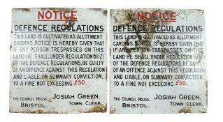 PAIR OF EARLY 20TH CENTURY DEFENCE REGULATIONS ENAMEL SIGNS