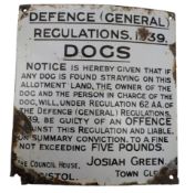 DEFENCE REGULATIONS DOGS - MID CENTURY ENAMELLED NOTICE SIGN