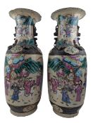 PAIR OF LARGE 19TH CENTURY QING NANKING CRACKLED VASES 清 哥釉粉彩五彩刀马旦瓶一对