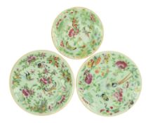 THREE CHINESE QING DYNASTY CELADEON GROUND CANTON FAMILLE ROSE CHARGER PLATES