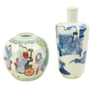 QING DYNASTY BLUE & WHITE ROULEAU VASE & FAMILLE ROSE GINGER JAR