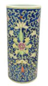 QING/RRPUBLICAN POLYCHROME ENAMELED SLEEVE VASE 清民国蓝底粉彩筒瓶