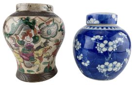 QING DYNASTY BLUE & WHITE PRUNUS GINGER JAR & A NANKING WARRIOR JAR