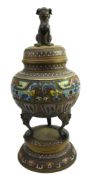 LARGE 20TH CENTURY JAPANESE CHAMPLEVE CLOISONNE LIDDED CENSER 日本珐琅彩香炉
