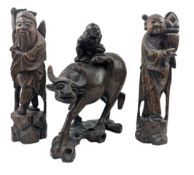 THREE LATE QING HAND CARVED WOOD & SILVER INLAY FIGURINE 清 木刻人物立像