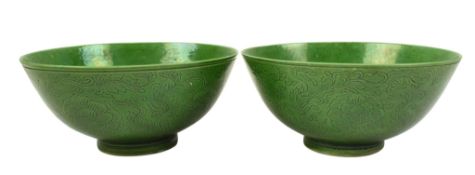 PAIR OF QING YONGZHENG GREEN GLAZED INCISED FLORAL BOWLS
