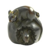 19TH CENTURY JAPANESE WOOD NETSUKE OF RATS & MELON 日本 明治根付老鼠和蜜瓜