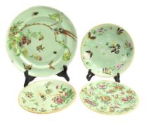 FIVE QING DYNASTY PORCELAIN PIECES 清 豆青釉粉彩盘子一组