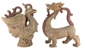 PAIR OF HAN POTTERY IN FORM OF A DRAGON & A PHOENIX