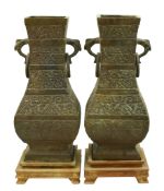 PAIR OF HEAVY EARLY 20TH CENTURY CHINESE ARCHAIC STYLE BRONZE HU VASES
