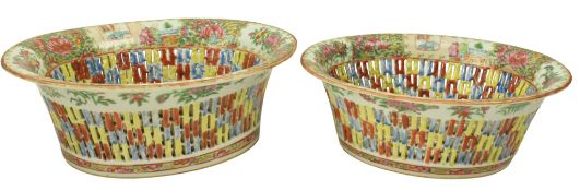 TWO QING DYNASTY CANTON FAMILLE ROSE PORCELAIN CHESTNUT BASKETS