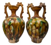 PAIR OF SANCAI GLAZED POTTERY AMPHORA VASES 三彩陶壶一对