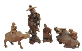 FOUR EARLY 20TH CENTURY CHINESE WOOD CARVED FIGURES 民国 实木人物雕刻一组