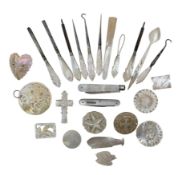 COLLECTION OF 19TH CENTURY QING DYNASTY MOTHER OF PEARL BROOCHES & MANICURE SET