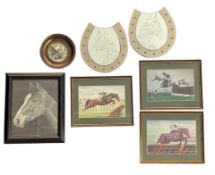 COLLECTION OF FOUR PAINTINGS OF HORSES & A PAIR OF HORSE SHOE MIRRORS