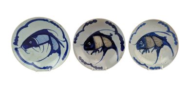 THREE CHINESE QING DYNASTY BLUE & WHITE UNDERGLAZED RED PLATES