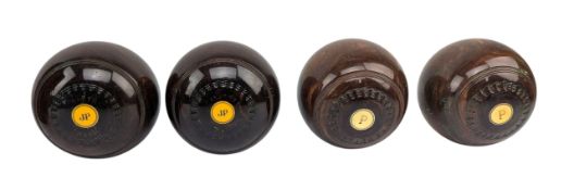 SET OF FOUR VINTAGE WOODEN BOULES / LAWN BALLS IN LEATHER BAG