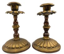 PAIR OF VICTORIAN BRASS WITH CERAMIC MARBLE CANDLESTICKS