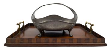 VICTORIAN WOODEN TRAY WITH TWIN BRASS HANDLES & SHEFFIELD PEWTER BASKET