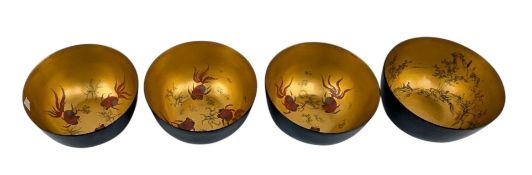 SET OF FOUR CHINESE BLUE LACQUER BOWLS 中华福州新绍安隆记漆碗·