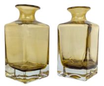 PAIR OF EARLY 20TH CENTURY YELLOW & CLEAR GLASS DECANTER BOTTLES