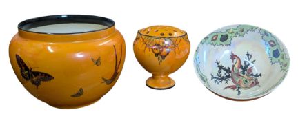 CROWN DUCAL WARE - THREE ORANGE LUSTRE WARE POTTERY VASES