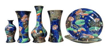 MOLLY HANDCOCK CORONAWARE POTTERY - SIX WATER-LILY HAND PAINTED CERAMIC PIECES