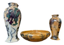 BURSLEY WARE - DRAGON PATTERN BOWL & TWO VASES