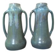 POSSIBLY ASTER, BELGIUM POTTERY - PAIR OF TWIN HANDLED CRYSTALLINE GLAZE VASES