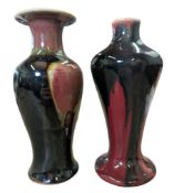 TWO, POSSIBLY CONTINENTAL, FLAMBE GLAZED POTTERY BALUSTER VASES