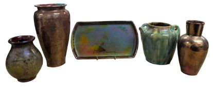 FIVE EARLY 20TH CENTURY ART NOUVEAU LUSTRE & DRIP WARE POTTERY ITEMS