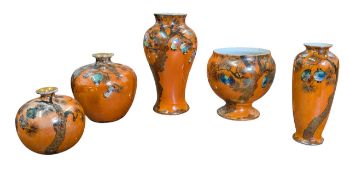 WILKINSON, ROYAL STAFFORDSHIRE POTTERY - FIVE CHINESE LANTERN ORANGE LUSTRE VASES
